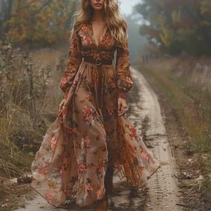 Elegant Long Sleeve Lapel Evening Dress Autumn New Women's High Waisted Bohemian Dress Vintage Floral Printed Pleated Maxi Dress