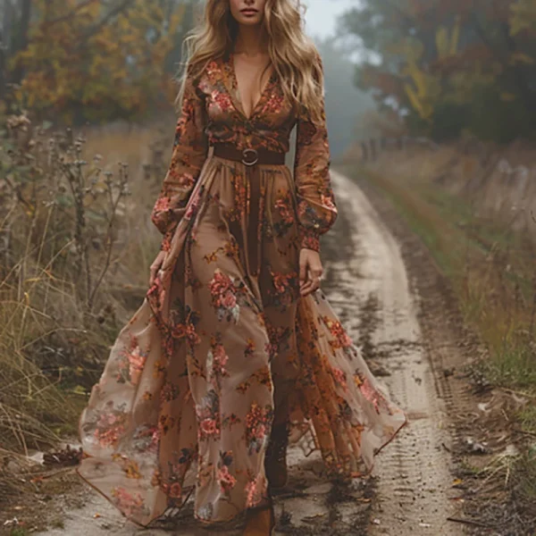 Elegant Long Sleeve Lapel Evening Dress Autumn New Women's High Waisted Bohemian Dress Vintage Floral Printed Pleated Maxi Dress