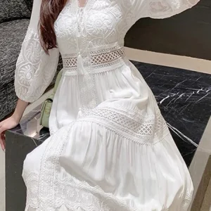 White Long Dress Women Summer Boho Lace Dresses Female Beach Holiday Hollow Out Dress Ladies Elegant Vintage Loose Vestidos