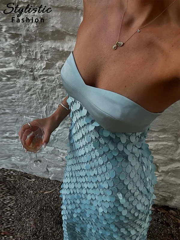 Sexy Sequined Spliced Long Dress Women Stain Backless Sleeveless Slim Tube Top Party Dresses 2025 Summer New Vacation Robes Lady