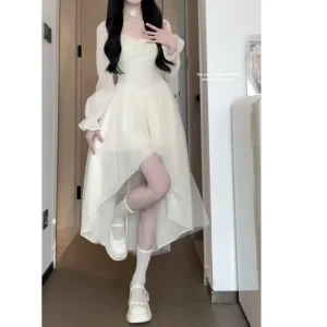 French Style Sweetwaist-fitted Dress Women's Spring Petite White Romantic Mesh Fairy-like Fluttering Skirt For Women