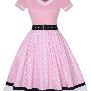 2022 Vintage 50s 60s Women's Vintage Party Dress With Belt Polka Dot Print Short Sleeve Hepburn Robe Pin Up Rockabilly Dresses