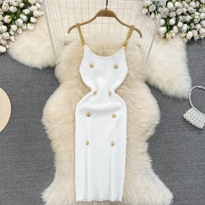 2024 vSexy Sleeveless Elastic Knit Bodycon Dress Sexy Chic Vestidos Women Summer Slim Women Chain Slip Dress