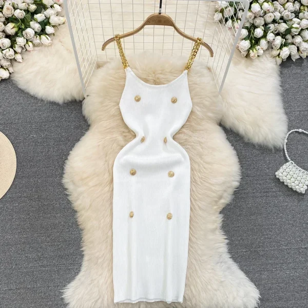 2024 vSexy Sleeveless Elastic Knit Bodycon Dress Sexy Chic Vestidos Women Summer Slim Women Chain Slip Dress