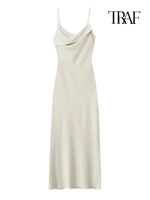 TRAF Women's Satin Spaghetti Straps Long Skirt Fashion Sexy Stacked Design Solid Colour Slim Dress Elegant Evening Gowns