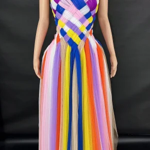 Sexy Sparkly Multicolor Rhinestones Sleeveless Mesh Transparent Short Dress Women Birthday Celebrate Prom Dance Dress Plus Size
