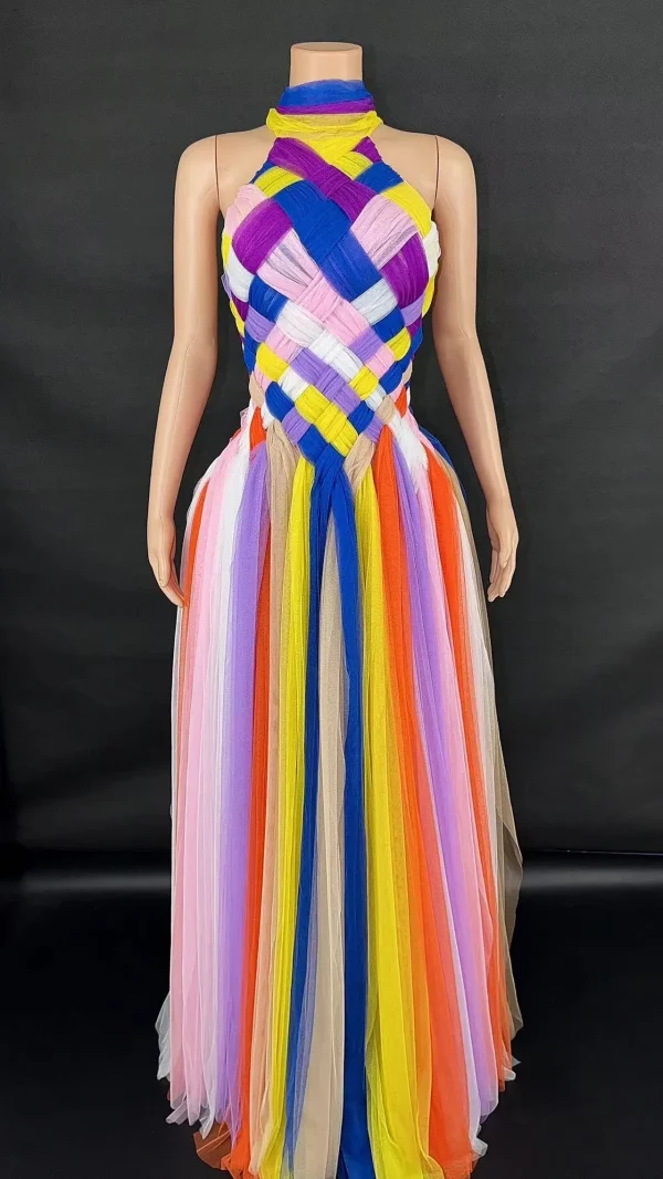 Sexy Sparkly Multicolor Rhinestones Sleeveless Mesh Transparent Short Dress Women Birthday Celebrate Prom Dance Dress Plus Size